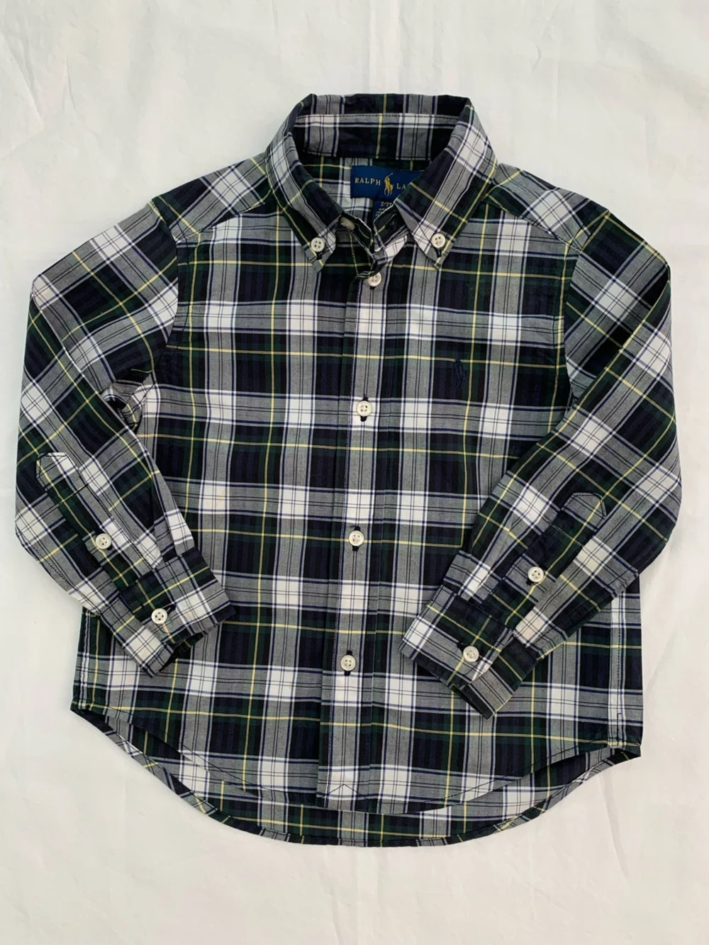 Ralph Lauren 2T Boys' Plaid Button-Down Shirt - Navy, Green & White Cotton